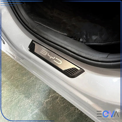BYD stainless steel entry protector plate fitted on door sill to reduce wear and enhance style from EEVA Store Australia.