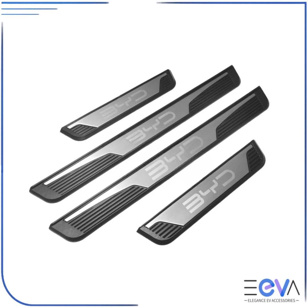 BYD stainless steel silver door sill scuff plate set featuring textured grip and BYD lettering from EEVA Store Australia.
