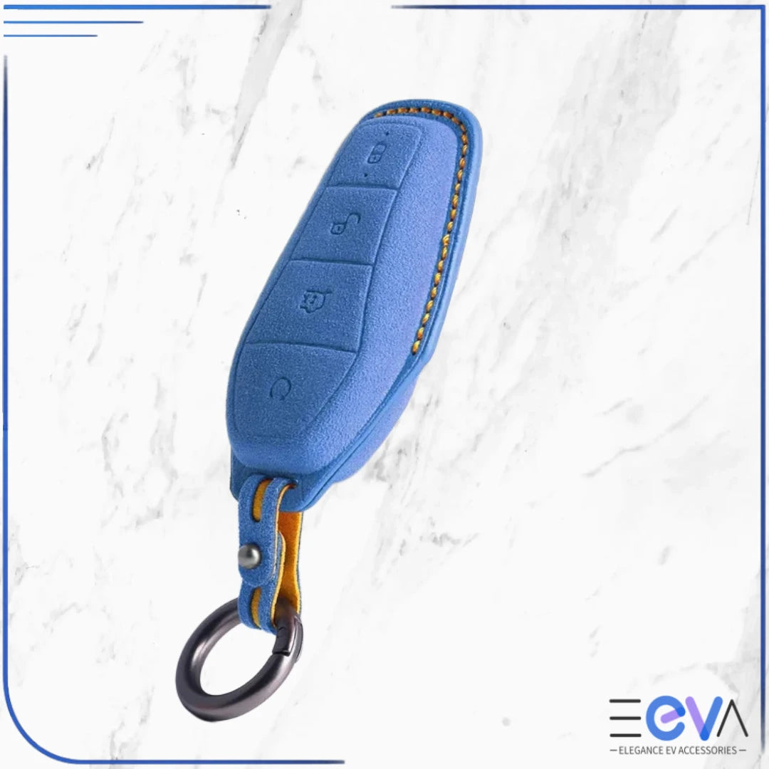 BYD suede leather key cover in blue from EEVA Store Australia