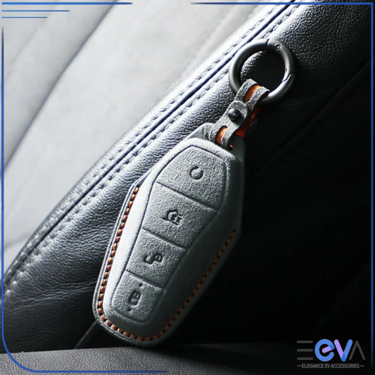 BYD suede leather key cover hanging inside car from EEVA Store Australia