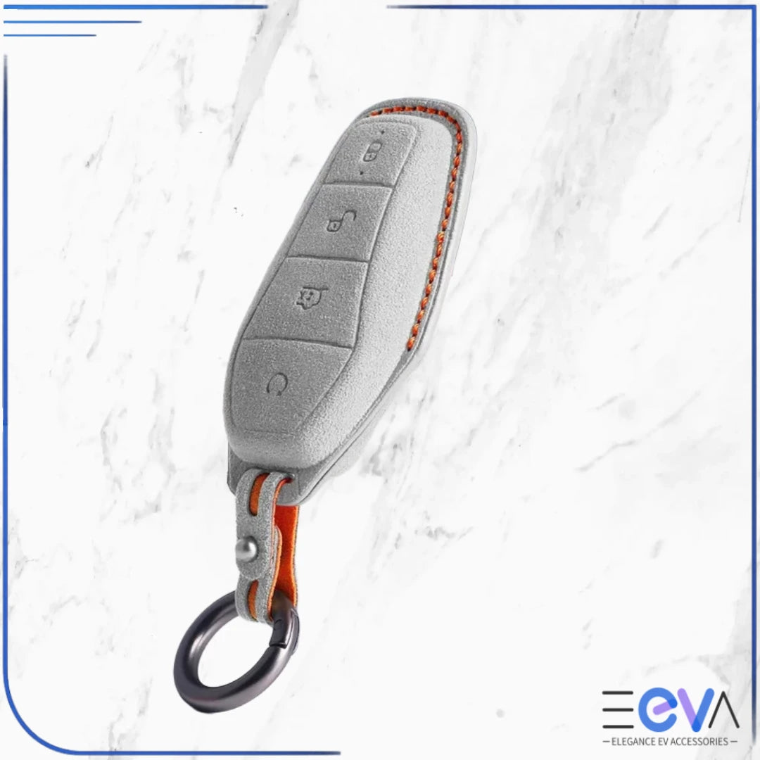 BYD suede leather key cover in light grey from EEVA Store Australia