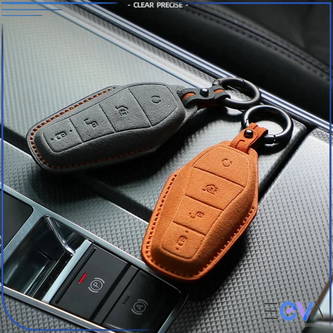 BYD suede leather key cover showing two colour options from EEVA Store Australia