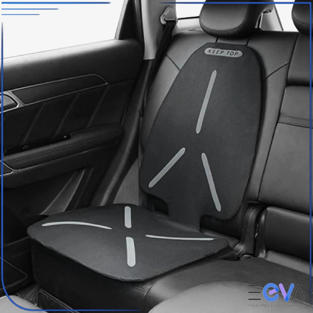 Universal baby car seat protector in black fabric variant, providing breathable comfort and non-slip backing from EEVA Store Australia.