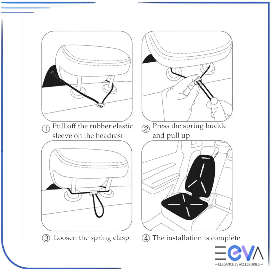 Universal baby car seat protector installation steps illustrated clearly, showing secure fit on headrest and seat base from EEVA Store Australia.