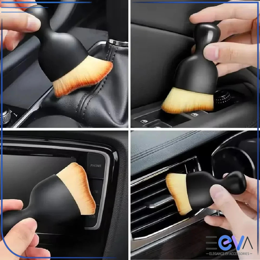 Car interior cleaning brush in use on air vents, gently lifting dust from tight gaps without scratching trim from EEVA Store Australia.