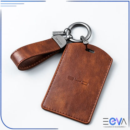 Brown leather NFC card holder for BYD with keychain strap – EEVA Store