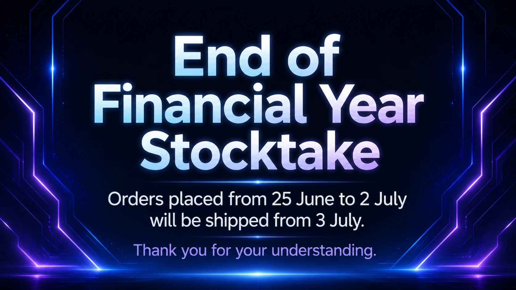 EEVA Store end of financial year stocktake banner with shipping notice for orders placed 25 June to 2 July.