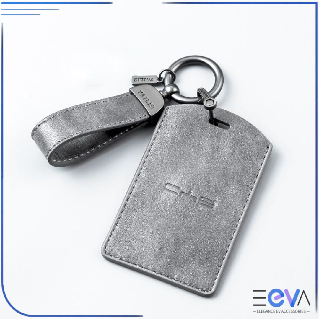 Grey leather NFC card holder for BYD with keychain strap – EEVA Store
