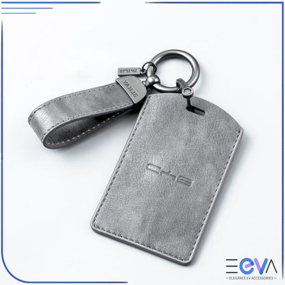 Grey leather NFC card holder for BYD with keychain strap – EEVA Store