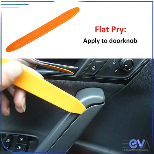 Car trim removal flat pry tool used on interior door handle trim to lift panels without scratching from EEVA Store Australia.