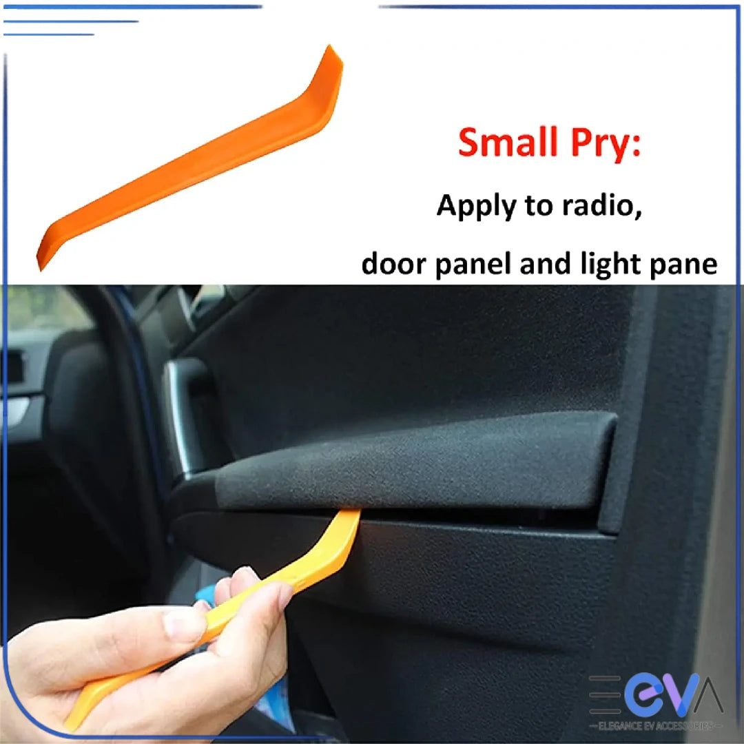 Car trim removal small pry tool applied to door panel trim for radio and light panel removal from EEVA Store Australia.