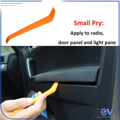 Car trim removal small pry tool applied to door panel trim for radio and light panel removal from EEVA Store Australia.