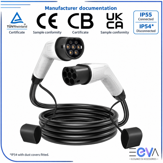 Type 2 to Type 2 cable showing TÜV and CB certificate references, CE and UK sample-conformity documents, and IP55 connected/IP54 disconnected ratings with dust covers fitted, from EEVA Store Australia.