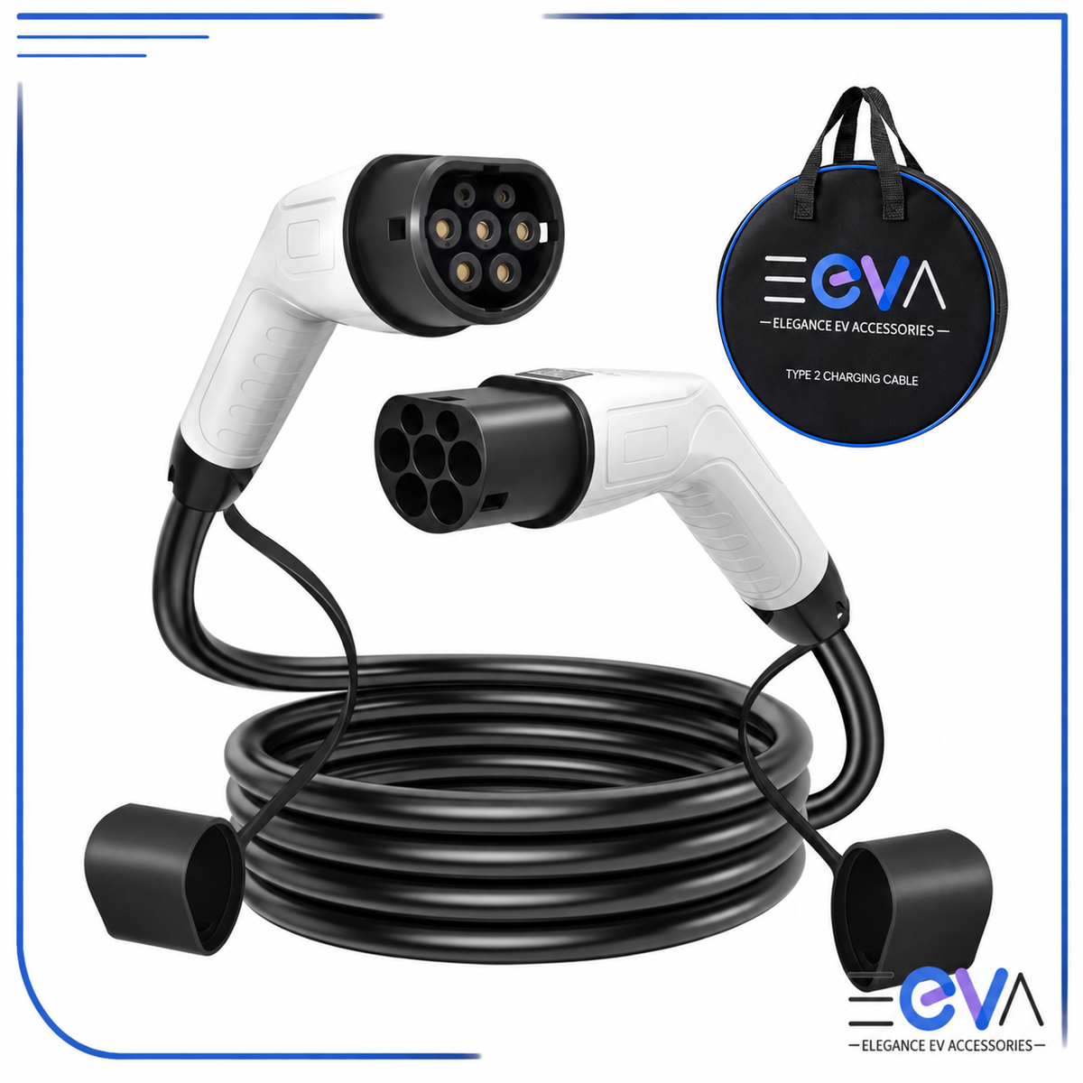 Type 2 charging cable with a black EEVA carry bag, blue trim and black handles from EEVA Store Australia.