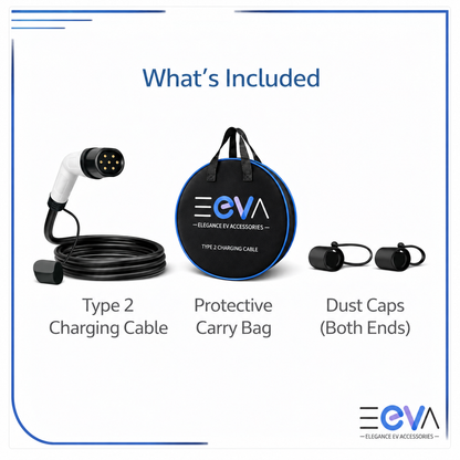 What’s included: Type 2 charging cable, black EEVA carry bag with blue trim, and dust caps for both ends from EEVA Store Australia.