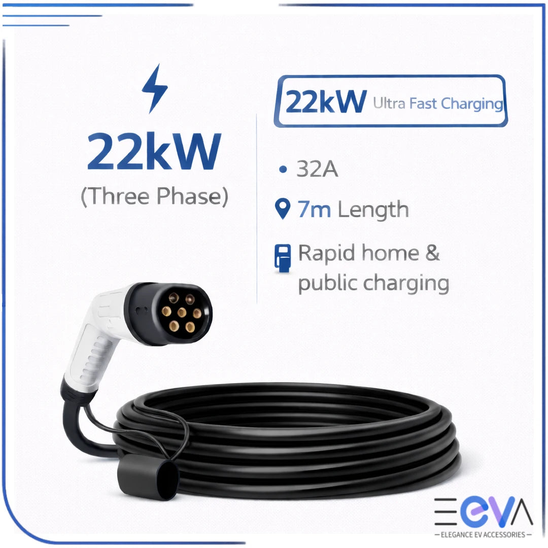 Type 2 to Type 2 EV charging cable 22kW three phase 7m from EEVA Store Australia.