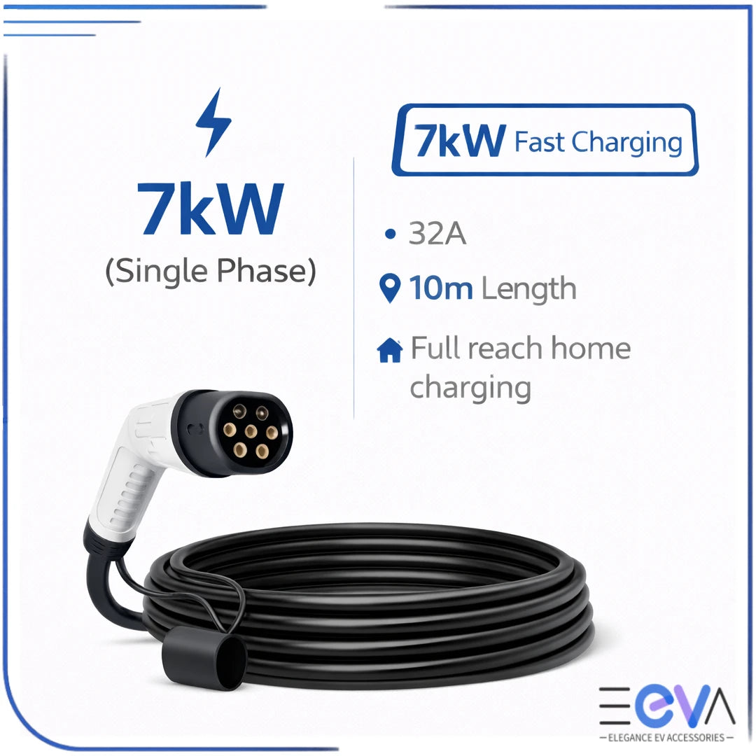Type 2 to Type 2 EV charging cable 7kW single phase 10m from EEVA Store Australia.