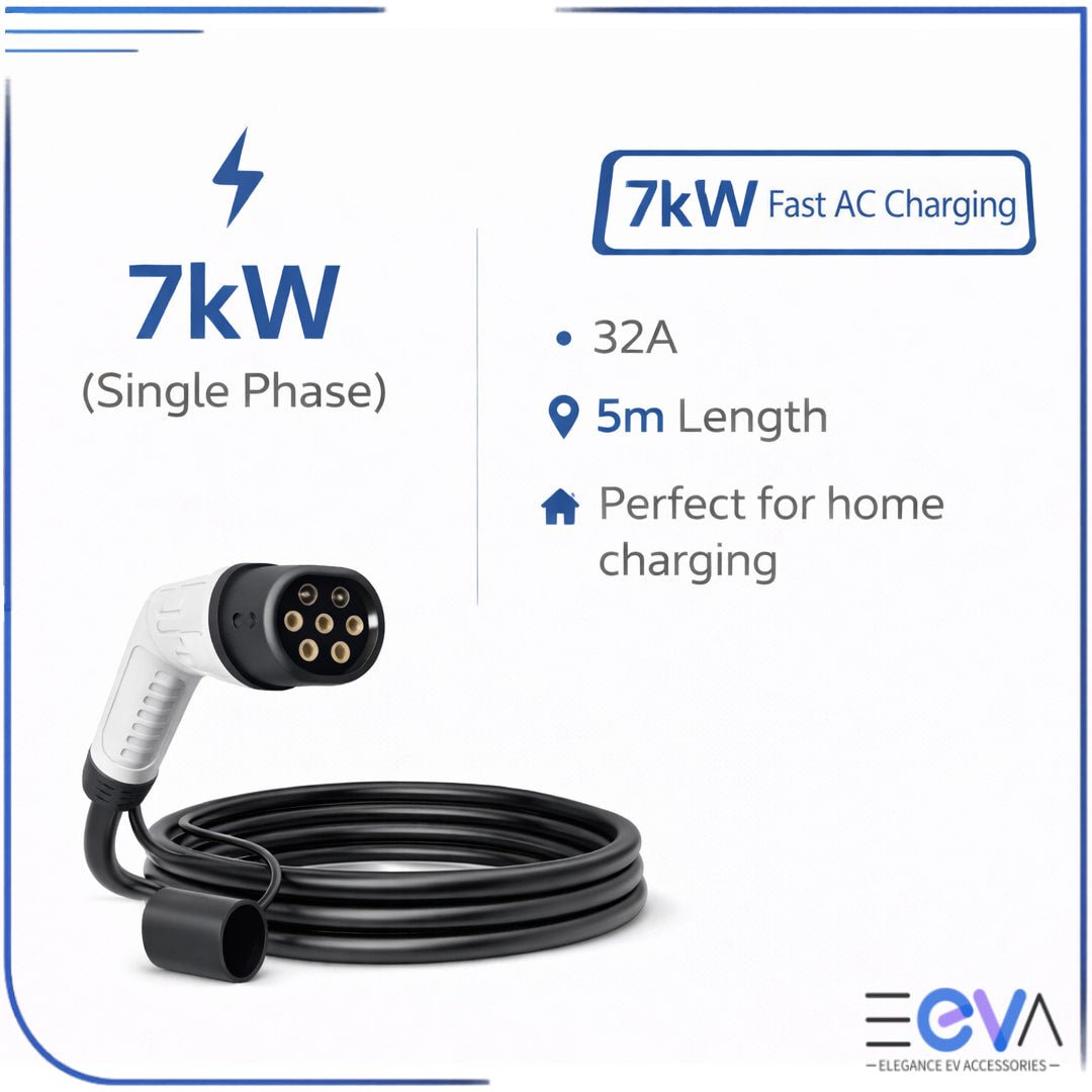 Type 2 to Type 2 EV charging cable in the 7kW single-phase 5m option from EEVA Store Australia.