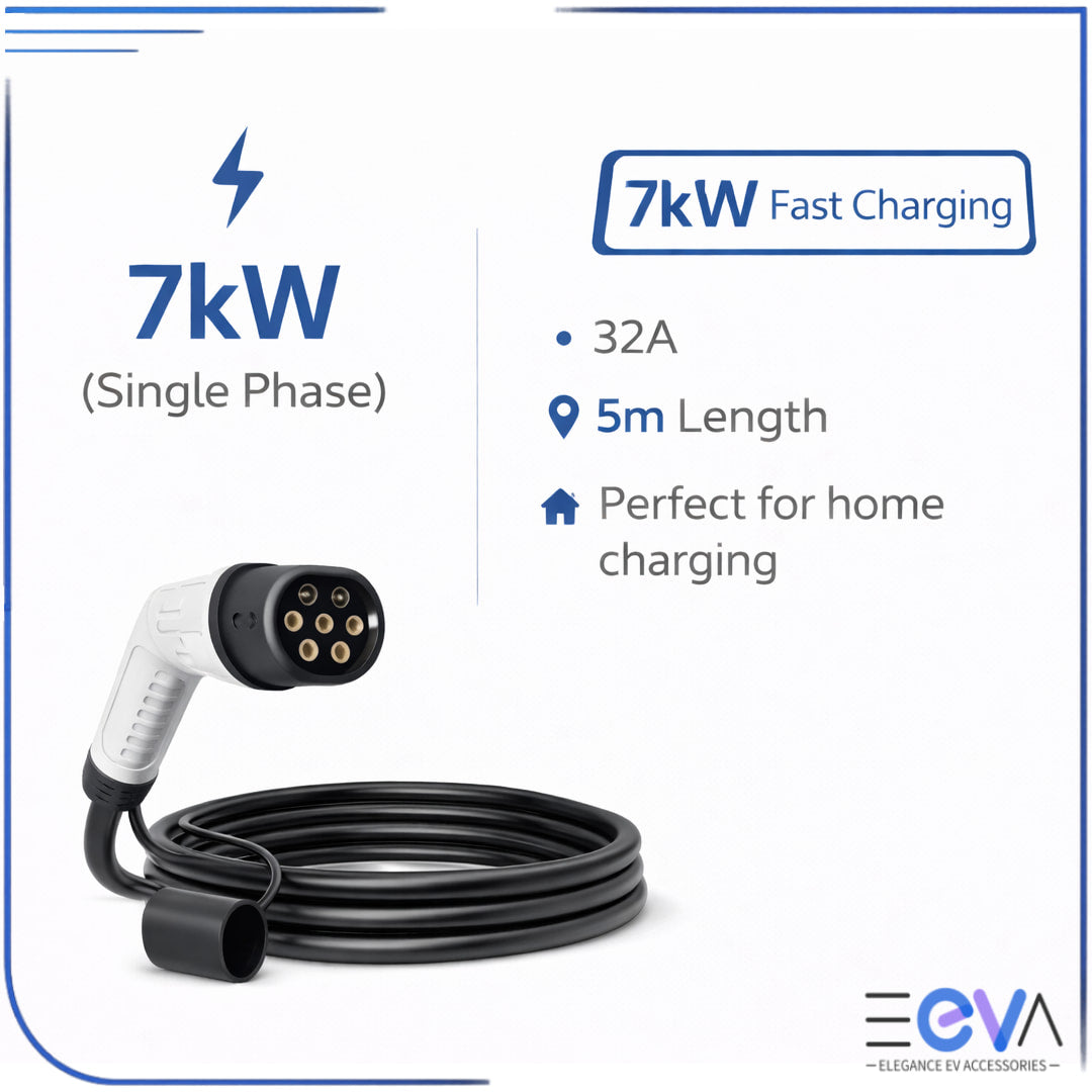 Type 2 to Type 2 EV charging cable 7kW single phase 5m from EEVA Store Australia.