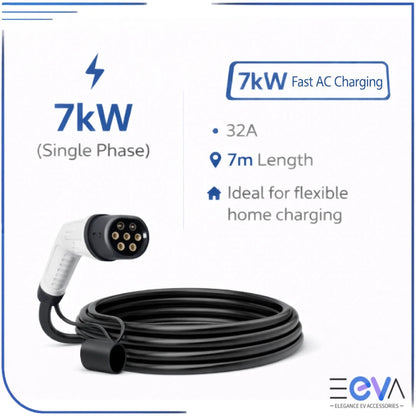 Type 2 to Type 2 EV charging cable in the 7kW single-phase 7m option from EEVA Store Australia.