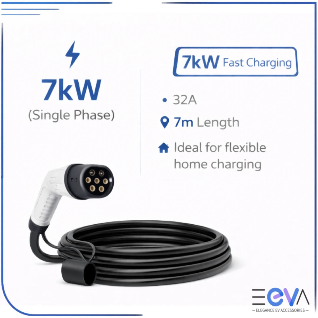 Type 2 to Type 2 EV charging cable 7kW single phase 7m from EEVA Store Australia.