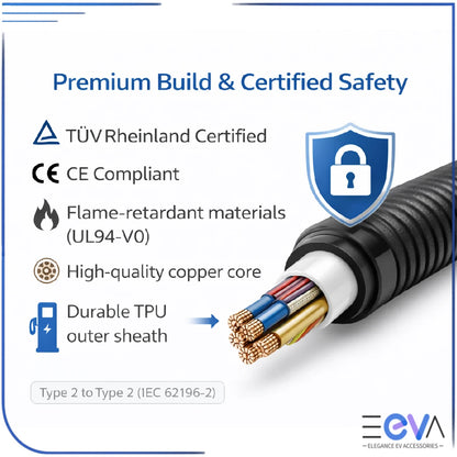Type 2 to Type 2 EV charging cable certified safety and durable build from EEVA Store Australia.