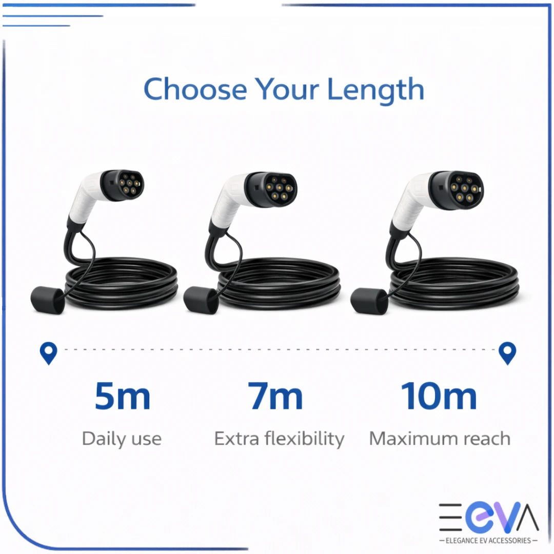 Type 2 to Type 2 EV charging cable length options 5m 7m 10m from EEVA Store Australia.