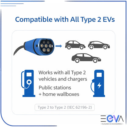 Type 2 to Type 2 EV charging cable compatible with all Type 2 EVs from EEVA Store Australia.