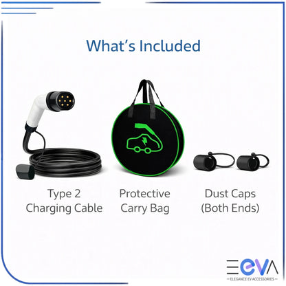 Type 2 to Type 2 EV charging cable what’s included carry bag and dust caps from EEVA Store Australia.